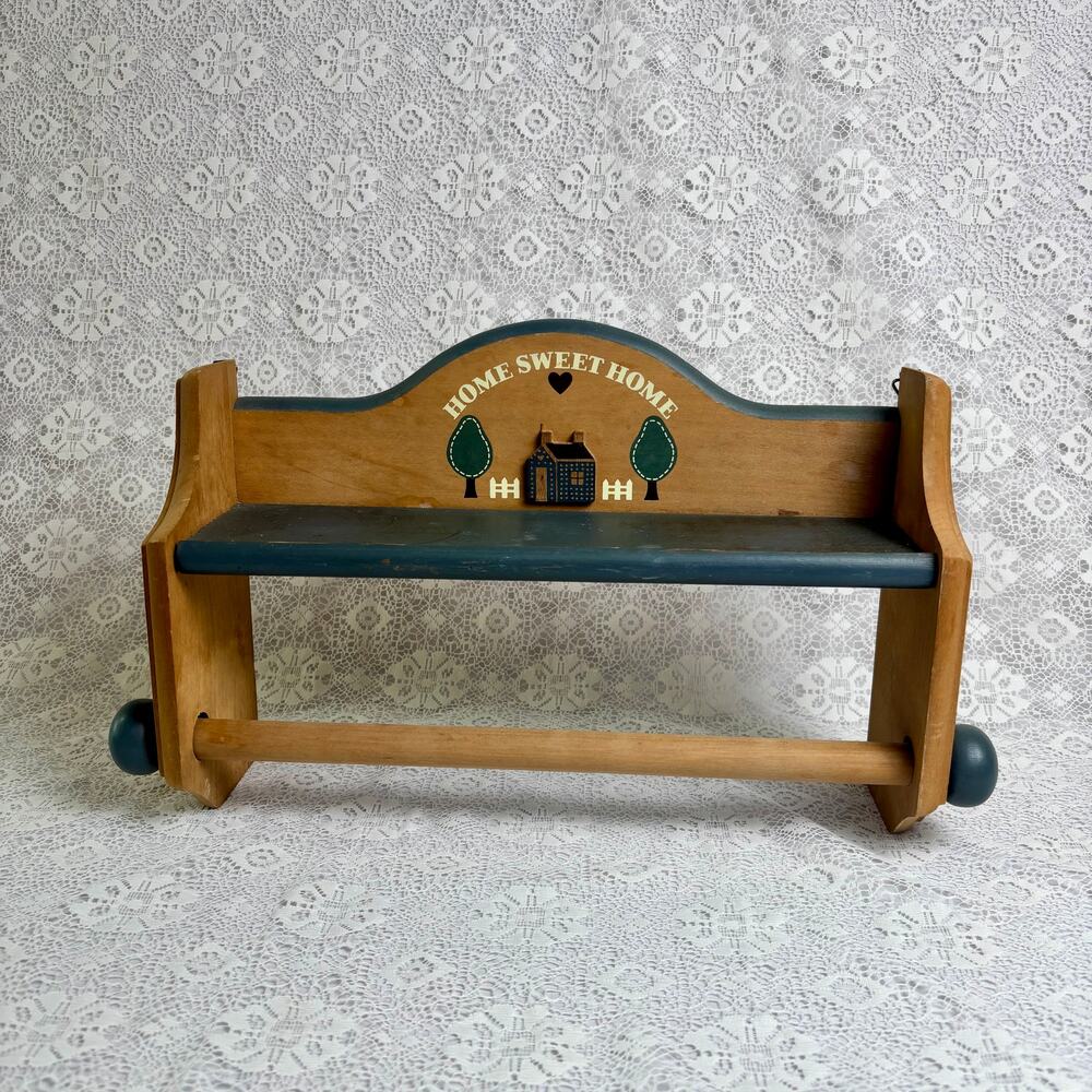 Vintage Home Sweet Home Wooden Wall Shelf with Towel Bar Country Farmhouse Decor